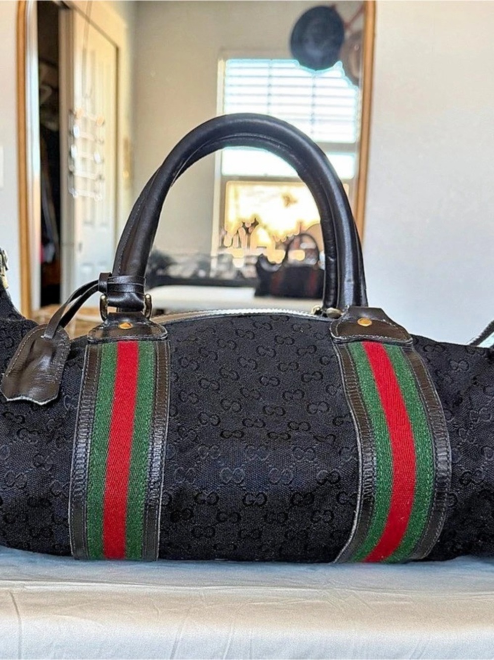 Vintage Gucci Black GG Monogram Canvas Web Stripe Boston Travel Bag with Keys
